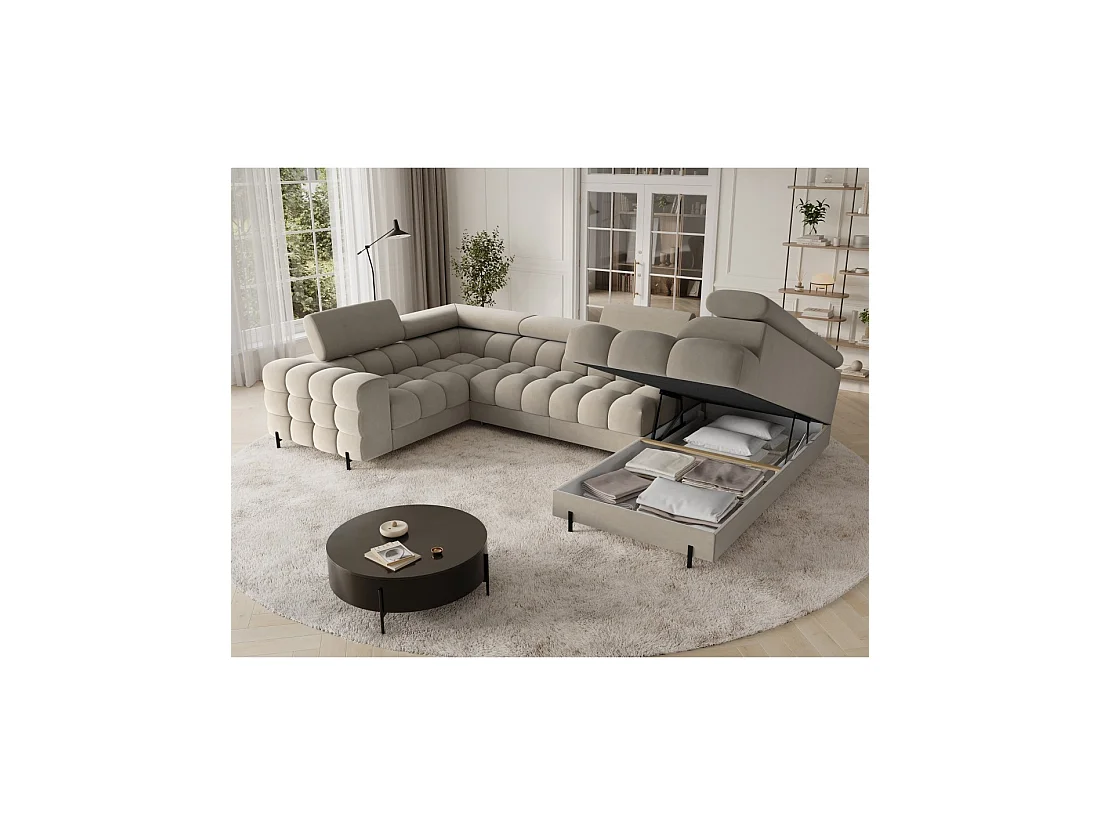 Canapé panoramique convertible FACTORY 3 places beige – angle droit avec coffre