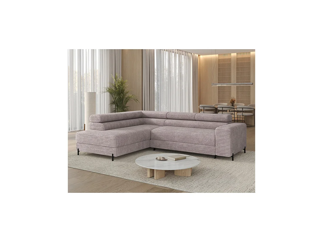 Sofá de esquina COLESIA convertible de 5 plazas en terciopelo gris acanalado – izquierda – 274x200cm