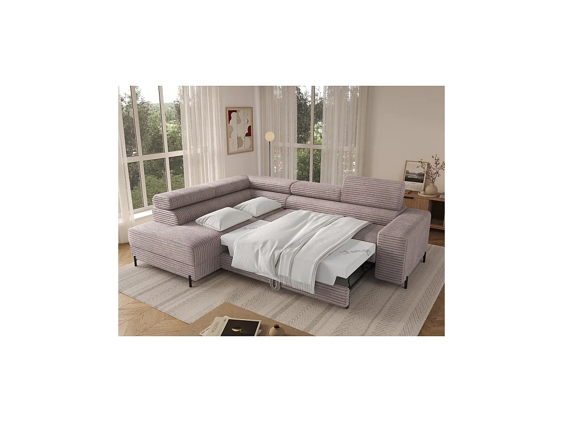 Sofá de esquina COLESIA convertible de 5 plazas en terciopelo gris acanalado – izquierda – 274x200cm