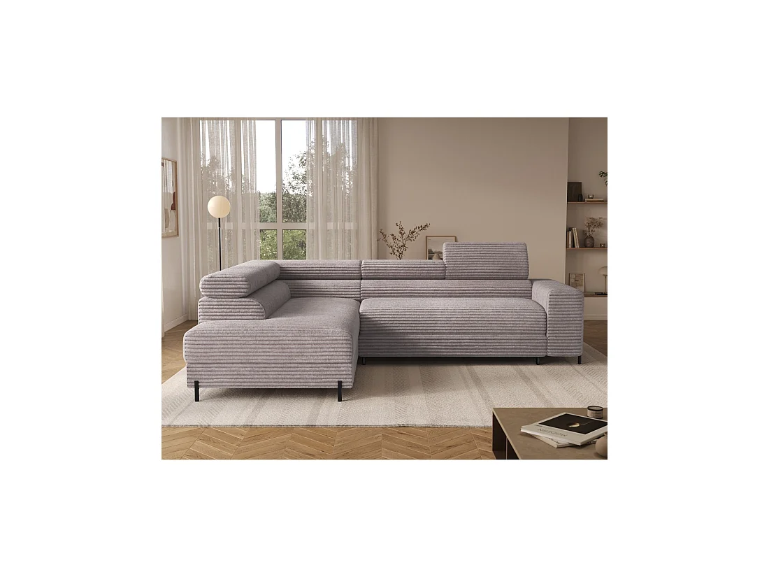 Sofá de esquina COLESIA convertible de 5 plazas en terciopelo gris acanalado – izquierda – 274x200cm