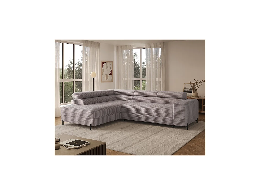Sofá de esquina COLESIA convertible de 5 plazas en terciopelo gris acanalado – izquierda – 274x200cm