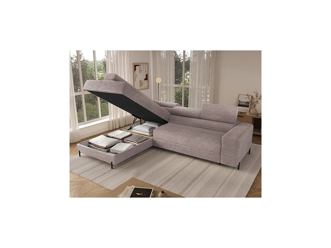 Sofá de esquina COLESIA convertible de 5 plazas en terciopelo gris acanalado – izquierda – 274x200cm
