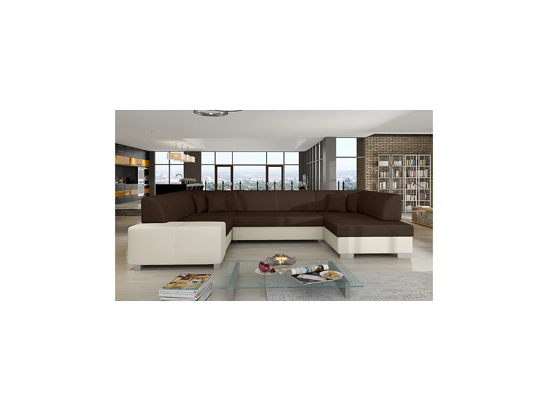 Canapé panoramique en U Marron & Blanc convertible 6 places HAVANE avec rangement intégré
