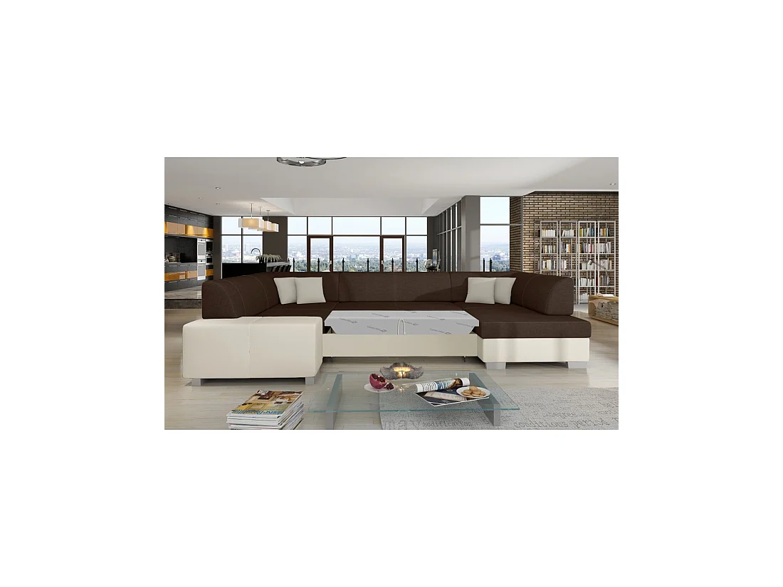 Canapé panoramique en U Marron & Blanc convertible 6 places HAVANE avec rangement intégré
