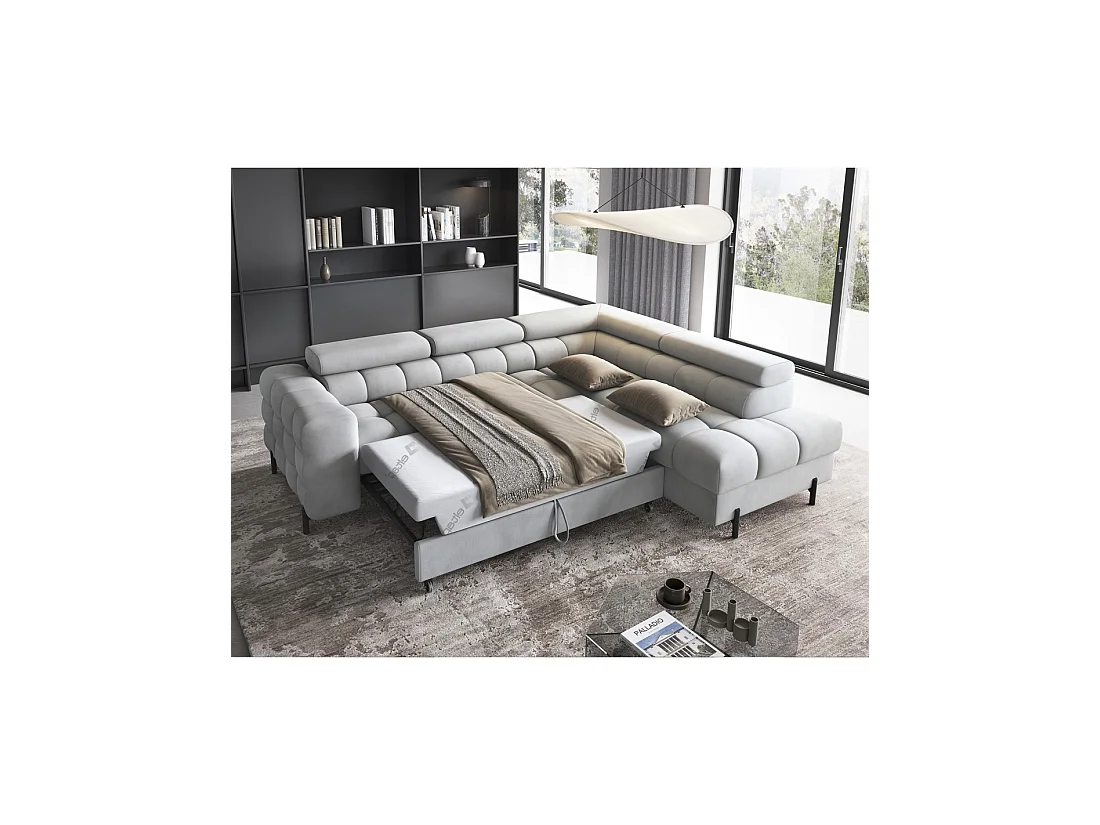 Canapé FERRUM Gris clair convertible 5 places angle droit pieds métal 276x93x200cm