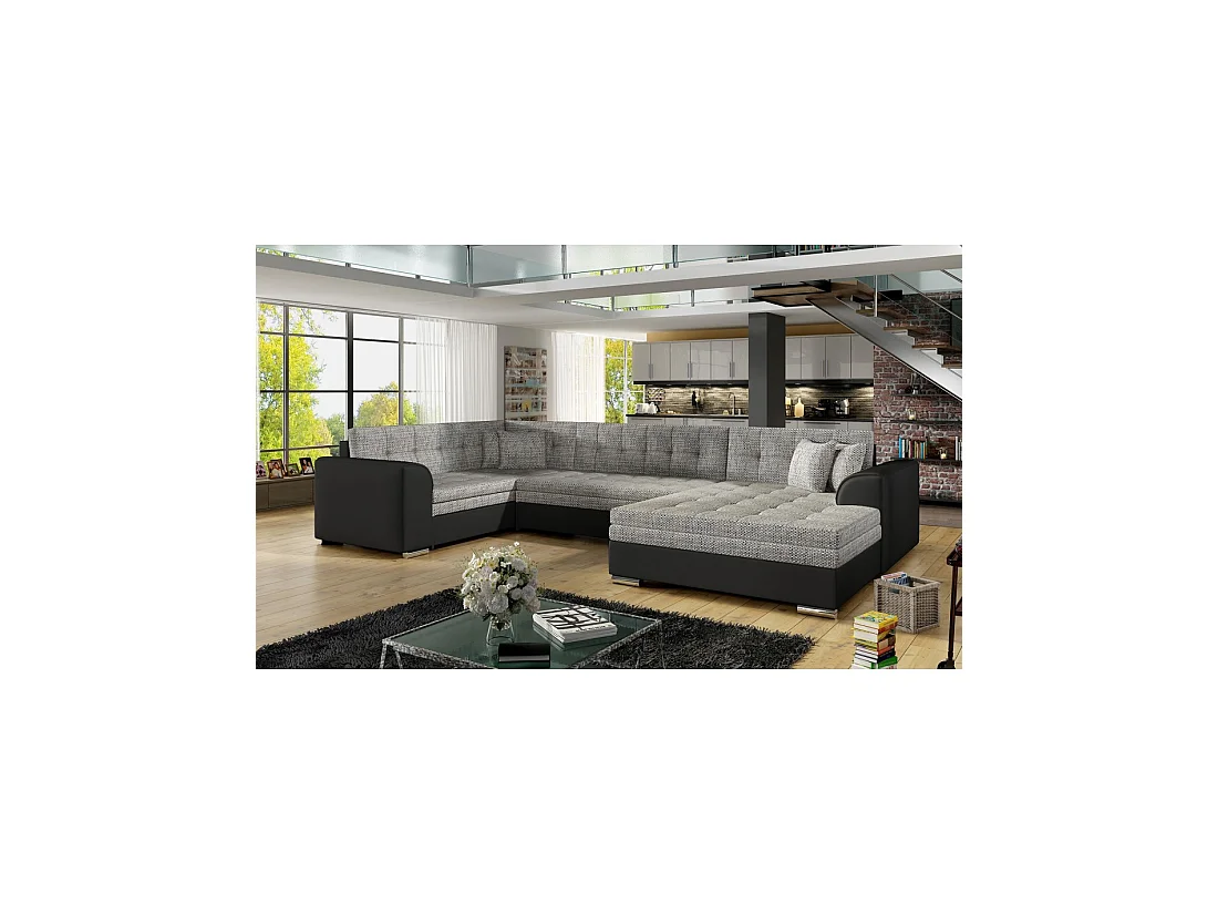 Sofá panorámico convertible CALDERO 5 plazas gris claro y negro – ángulo derecho