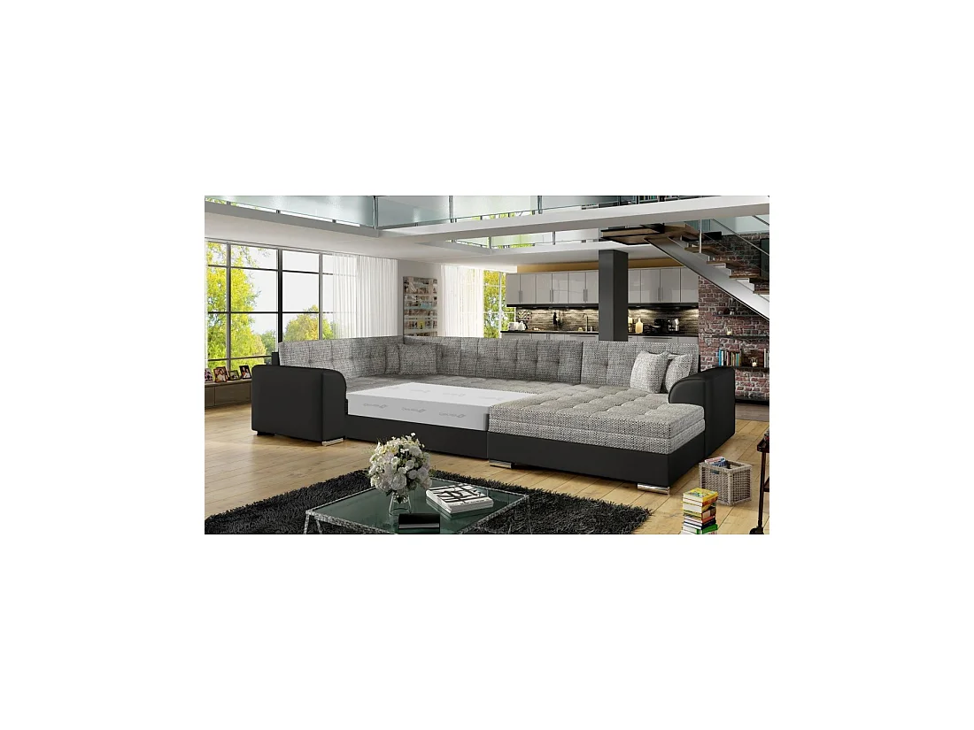 Sofá panorámico convertible CALDERO 5 plazas gris claro y negro – ángulo derecho