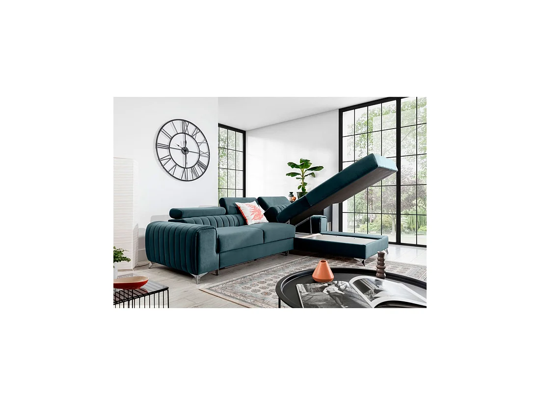 Canapé d'angle droit Bleu canard convertible 3 places JAYSON couchage spacieux