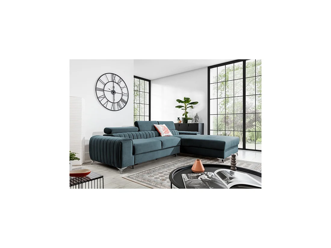 Canapé d'angle droit Bleu canard convertible 3 places JAYSON couchage spacieux