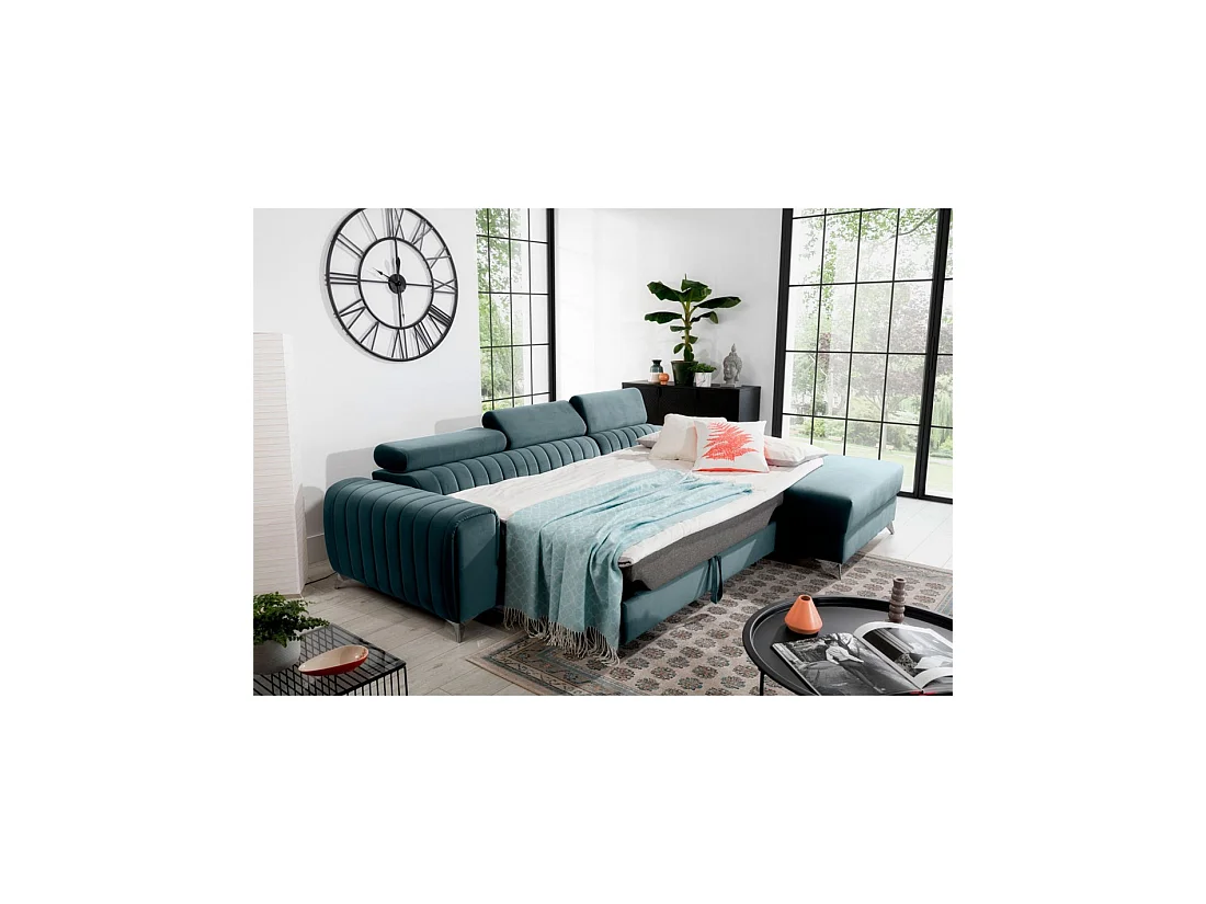 Canapé d'angle droit Bleu canard convertible 3 places JAYSON couchage spacieux