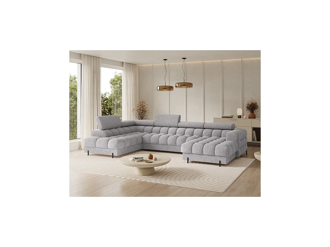 Sofá panorámico convertible Gris claro jaspeado ángulo izquierdo FERARIA 358x93x202cm