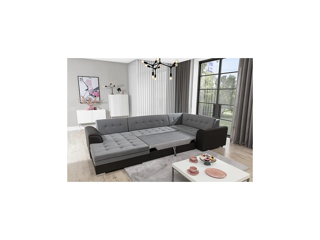 Canapé panoramique convertible CALDERO 5 places beige et crème – angle gauche