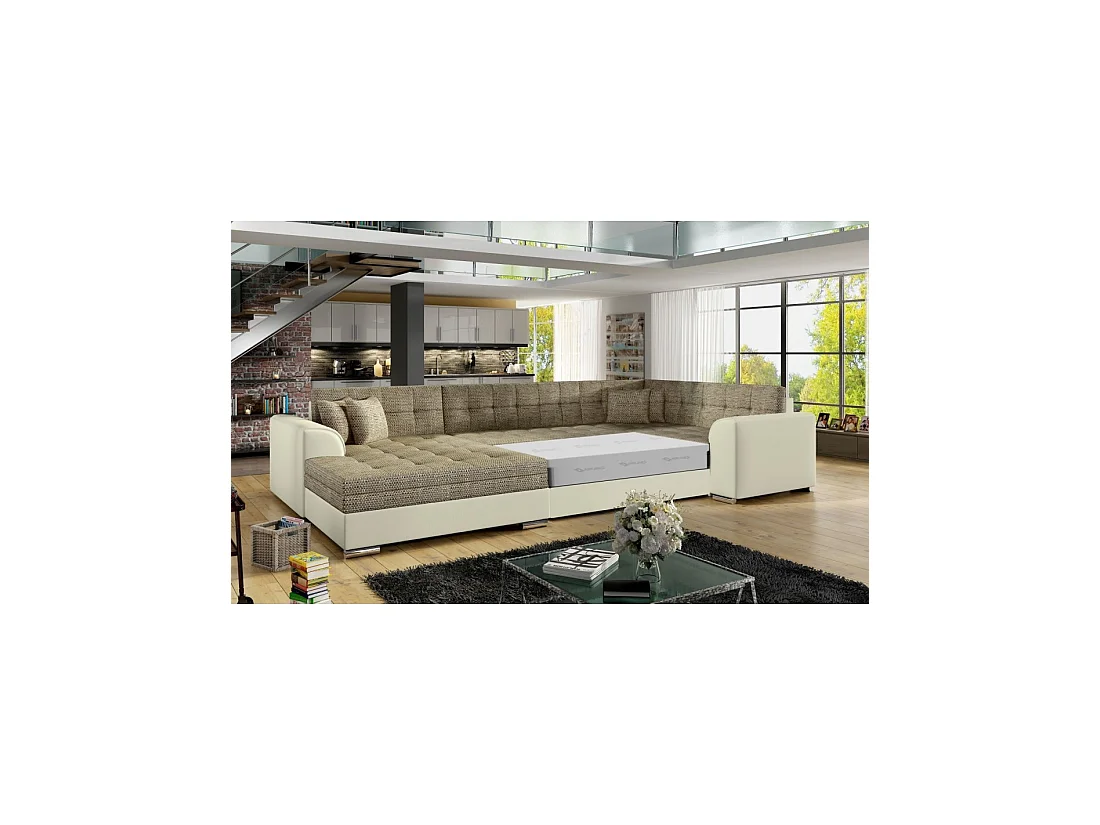 Canapé panoramique convertible CALDERO 5 places beige et crème – angle gauche