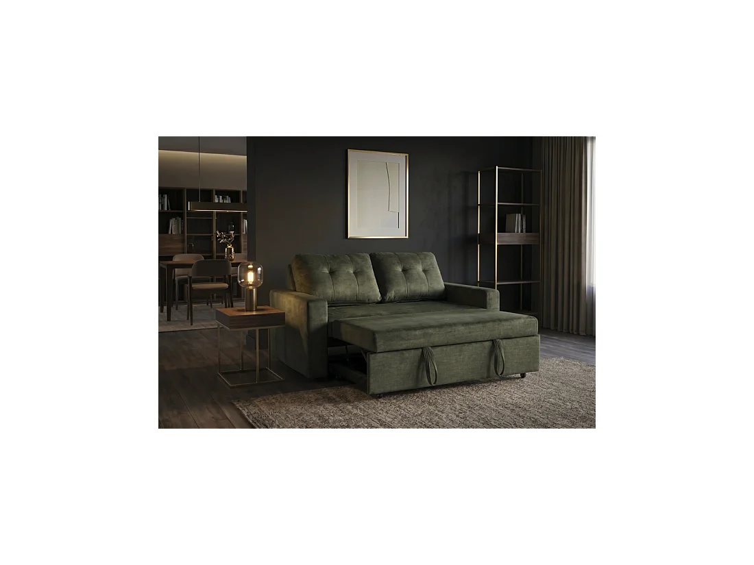 Canapé PRESTO convertible 2 places en velours – Vert foncé – 142 x 82 x 86 cm