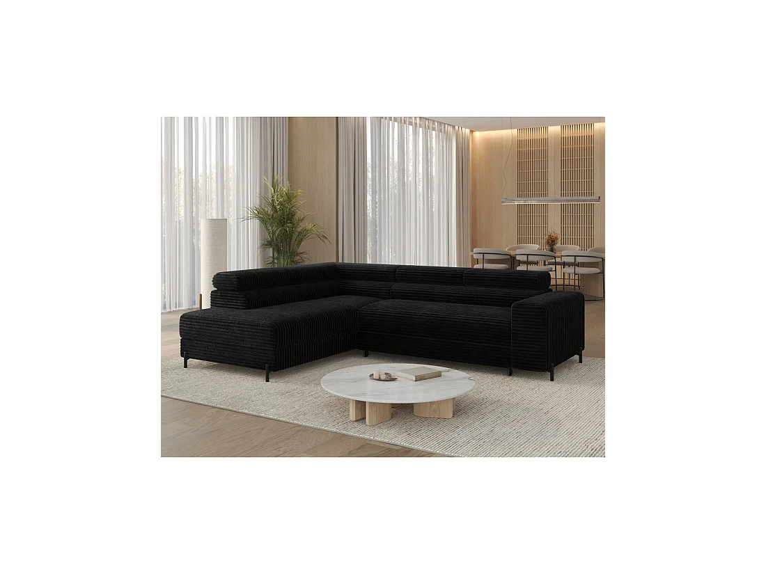 Sofá de esquina COLESIA convertible 5 plazas negro terciopelo acanalado – izquierda – 274x200cm