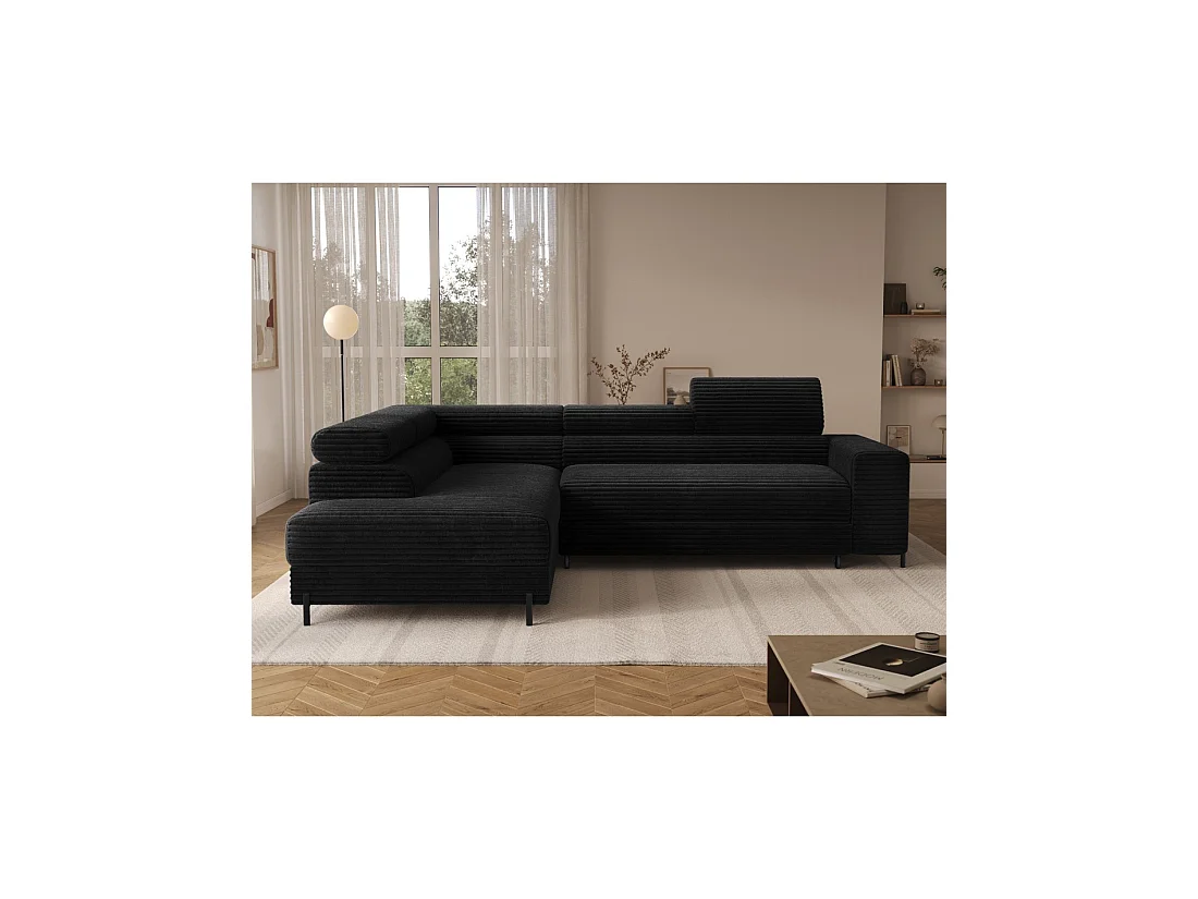 Sofá de esquina COLESIA convertible 5 plazas negro terciopelo acanalado – izquierda – 274x200cm