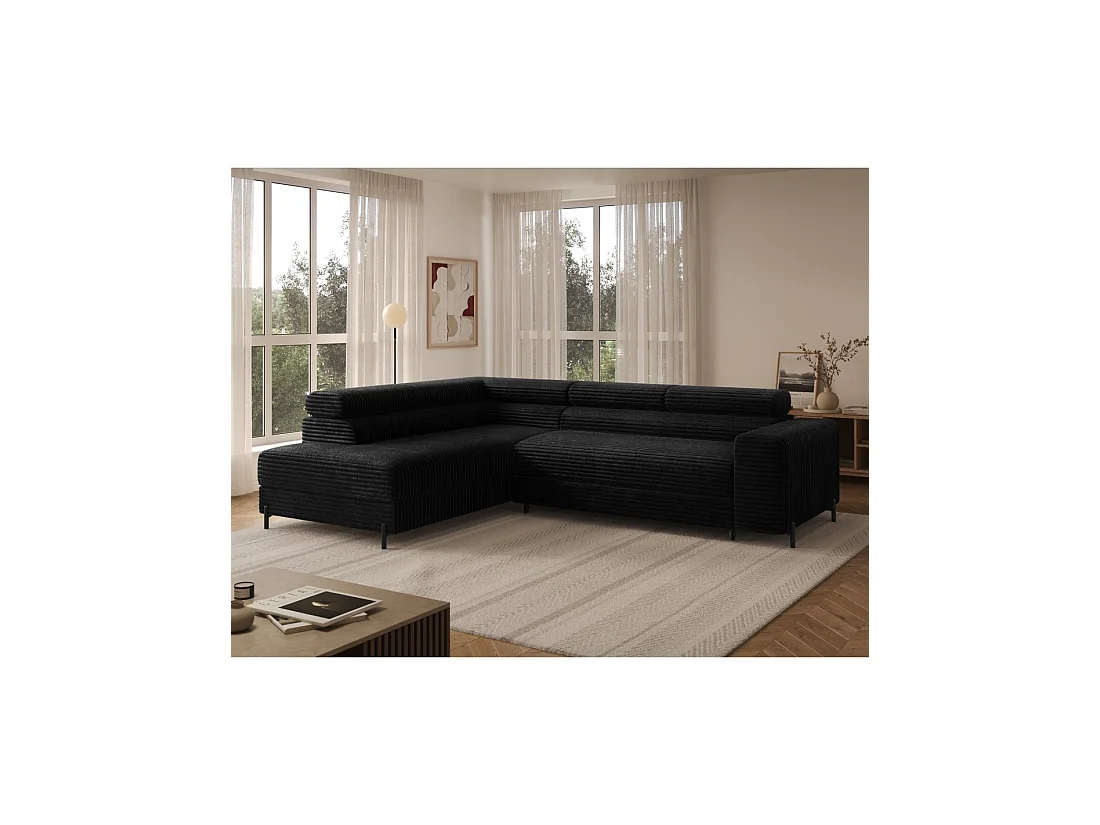 Sofá de esquina COLESIA convertible 5 plazas negro terciopelo acanalado – izquierda – 274x200cm