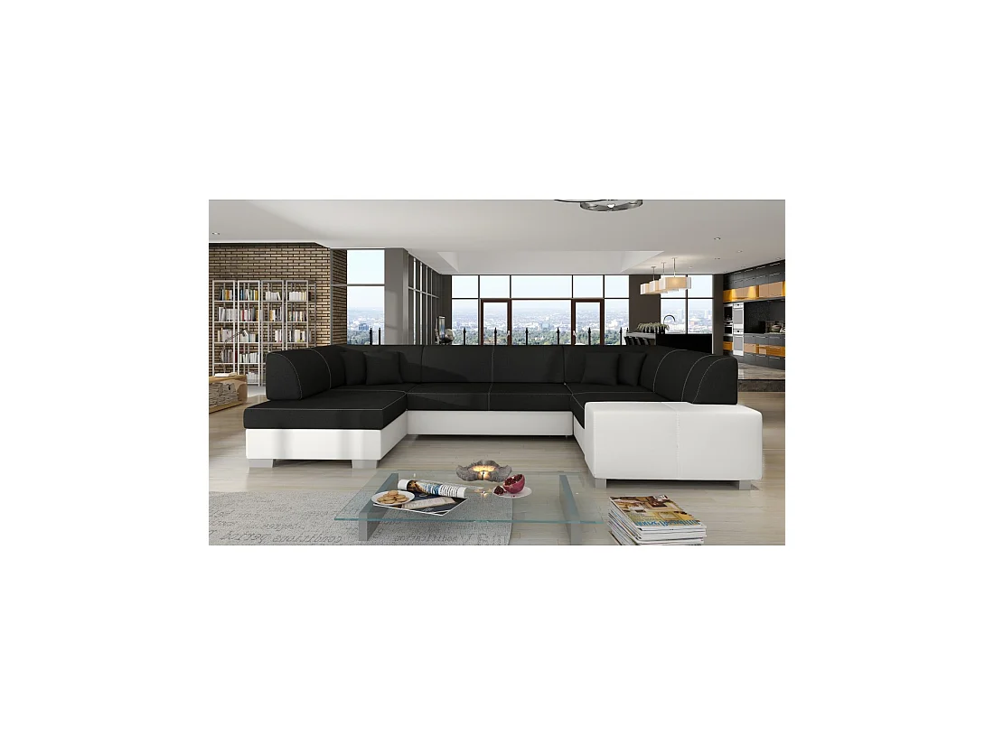 Canapé panoramique en U Gris foncé & Blanc convertible 6 places HAVANE avec assise profonde