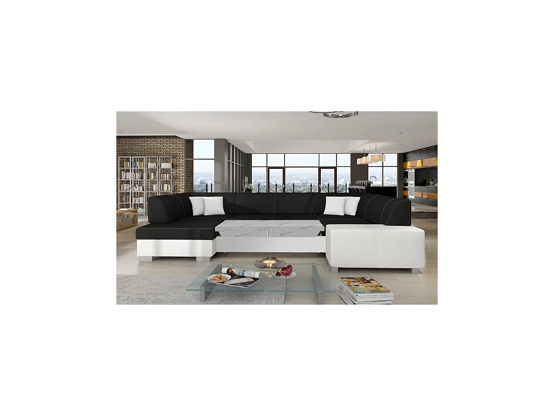 Canapé panoramique en U Gris foncé & Blanc convertible 6 places HAVANE avec assise profonde