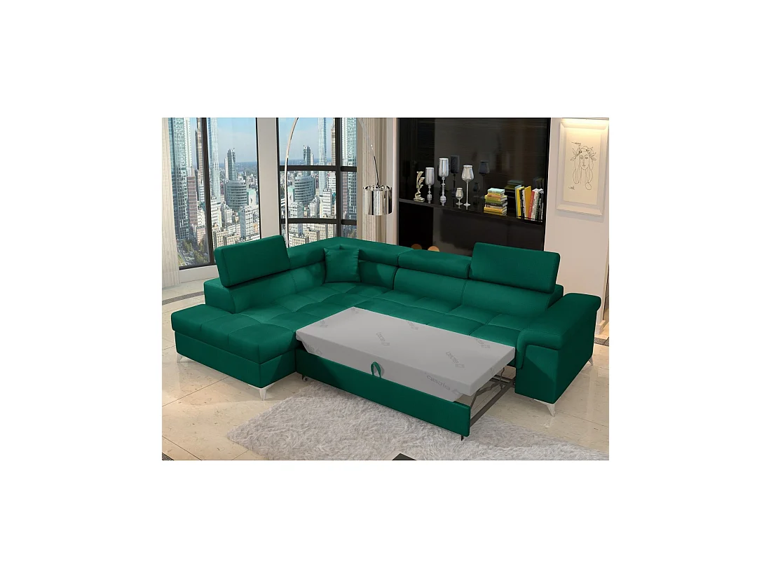 Canapé d'angle convertible PALAZZO 4 places vert foncé – angle gauche avec 1 coussin
