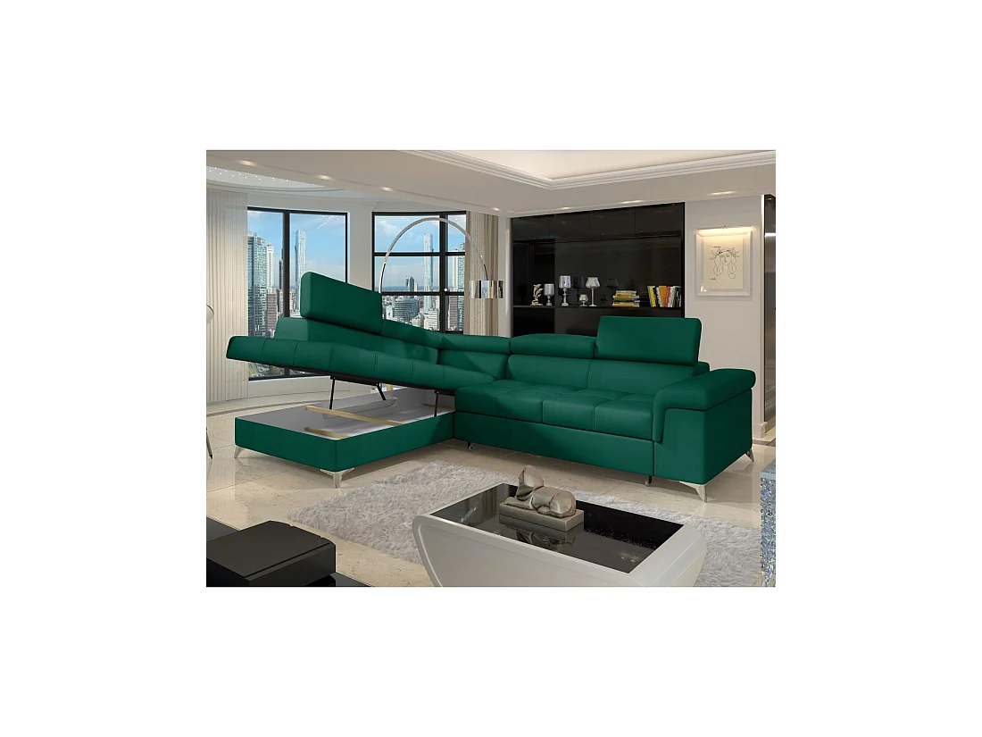 Canapé d'angle convertible PALAZZO 4 places vert foncé – angle gauche avec 1 coussin