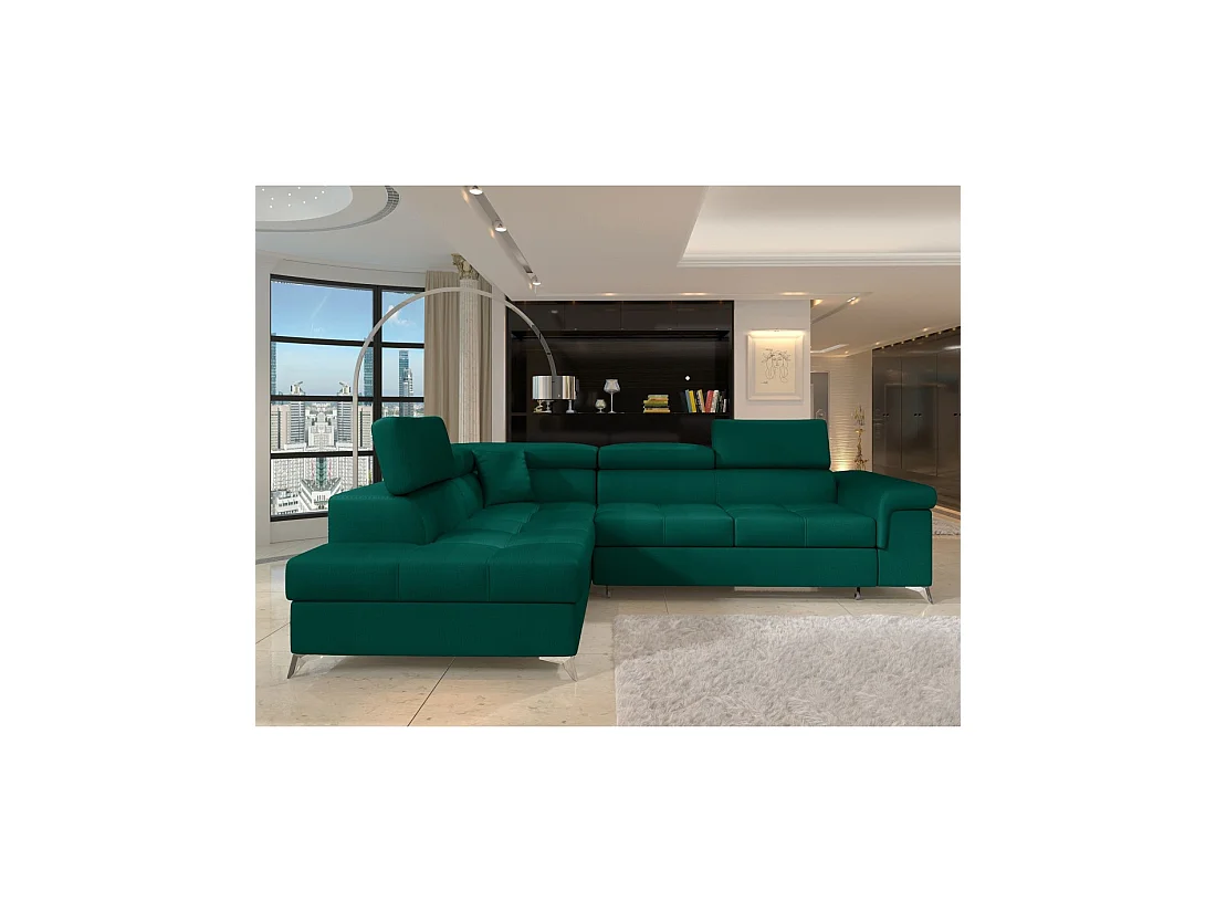 Canapé d'angle convertible PALAZZO 4 places vert foncé – angle gauche avec 1 coussin