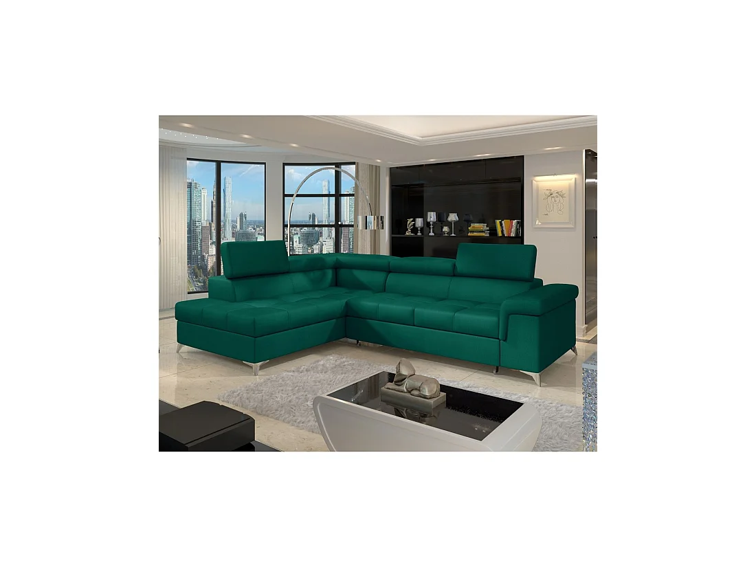 Canapé d'angle convertible PALAZZO 4 places vert foncé – angle gauche avec 1 coussin