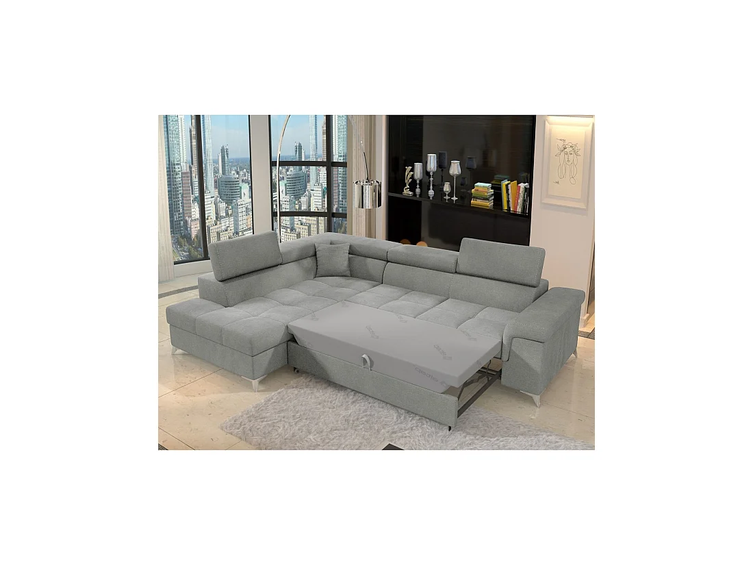 Canapé d'angle convertible PALAZZO 4 places gris clair – angle gauche avec coffre