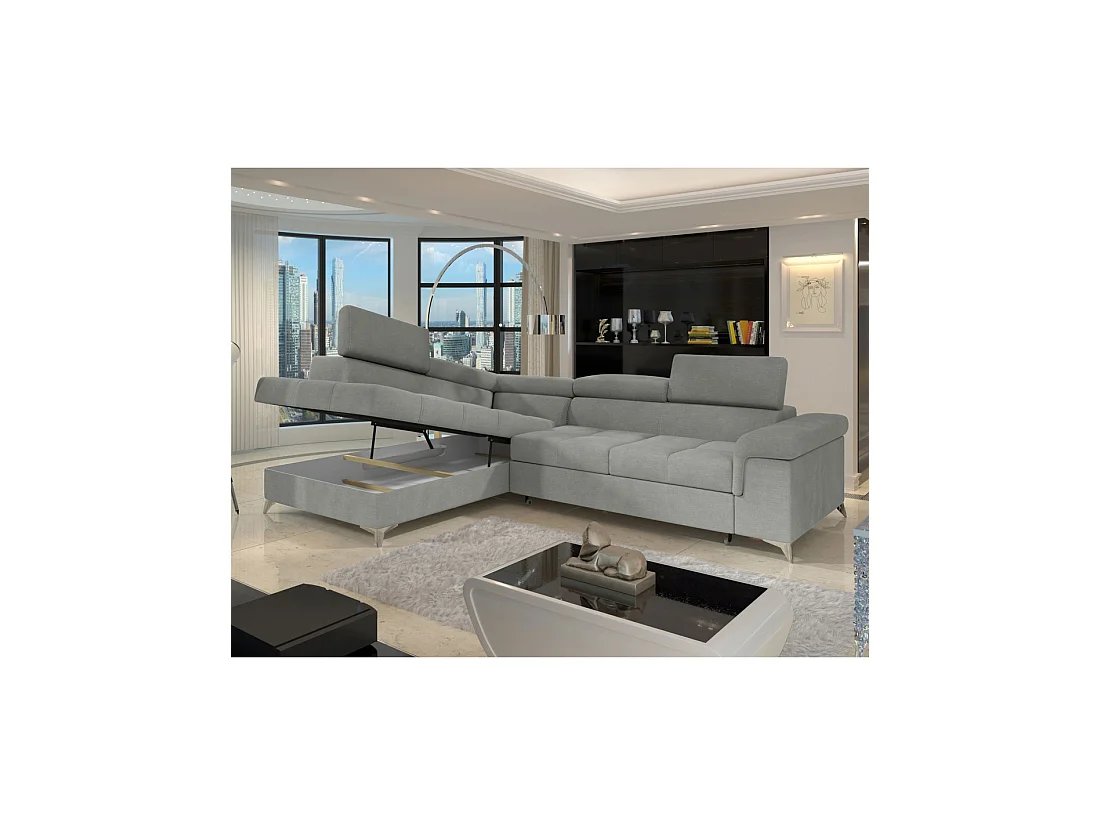 Canapé d'angle convertible PALAZZO 4 places gris clair – angle gauche avec coffre