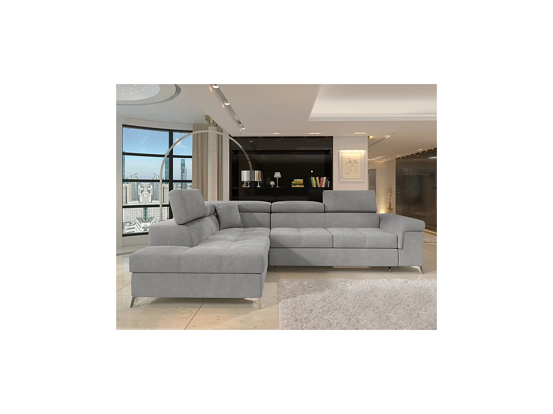 Canapé d'angle convertible PALAZZO 4 places gris clair – angle gauche avec coffre