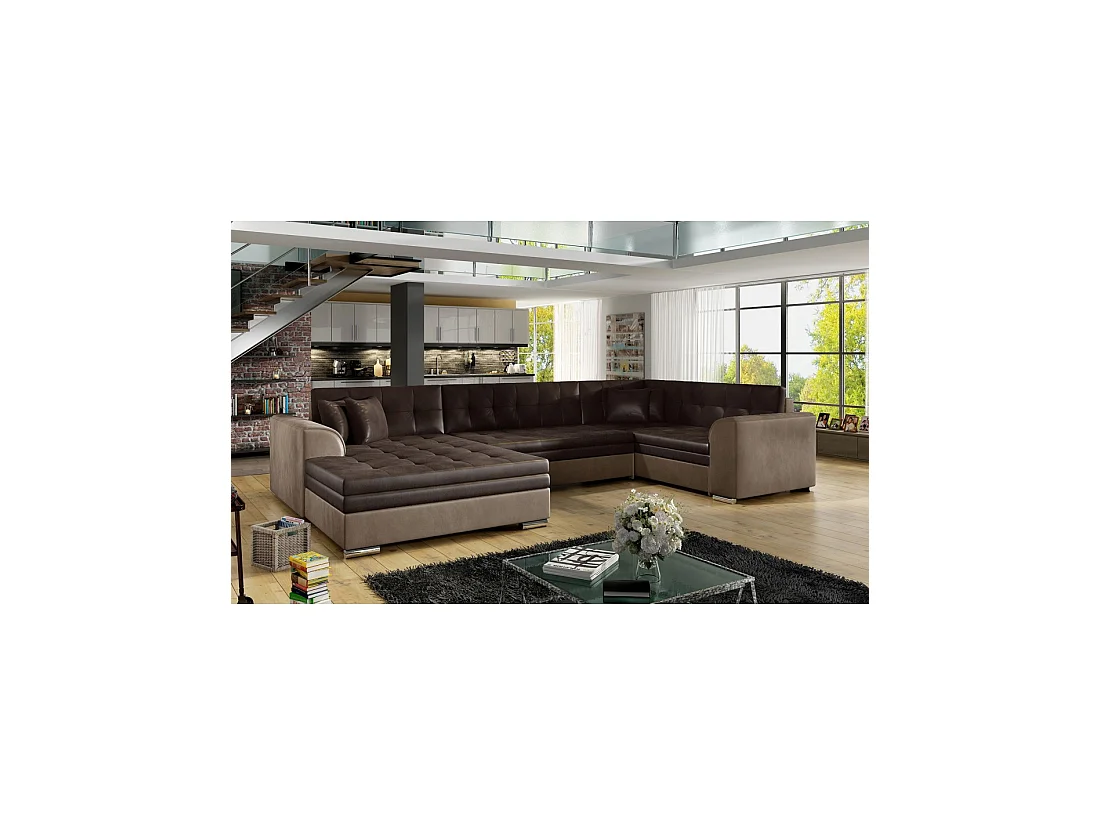 Sofá panorámico convertible CALDERO 5 plazas marrón – ángulo izquierdo – 4 cojines
