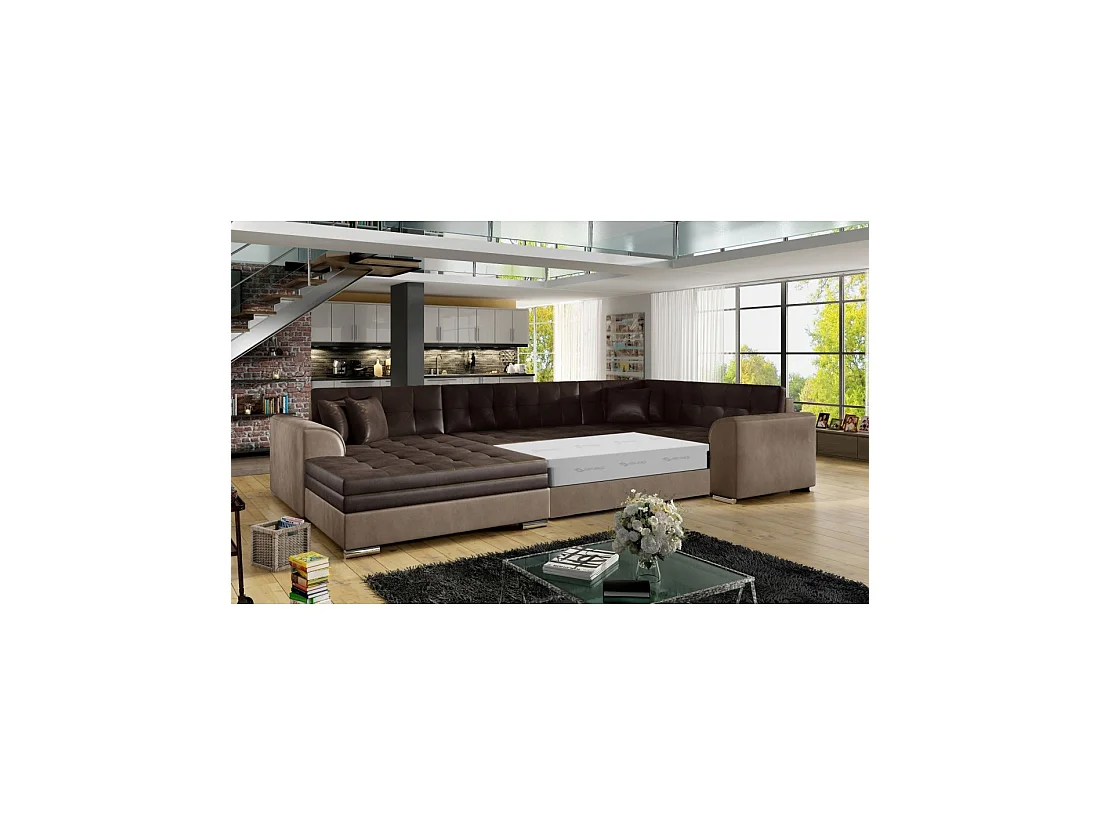 Sofá panorámico convertible CALDERO 5 plazas marrón – ángulo izquierdo – 4 cojines