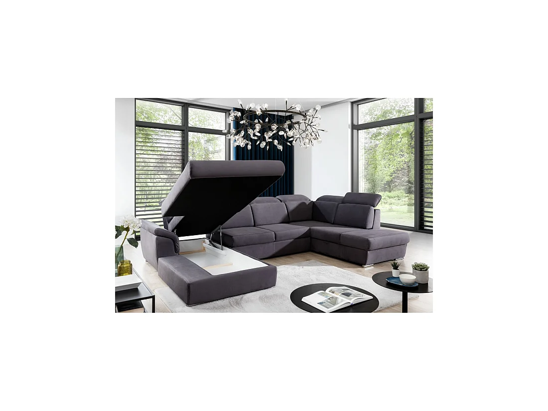 Canapé panoramique convertible MAJESTA 5 places gris – angle gauche avec coffre