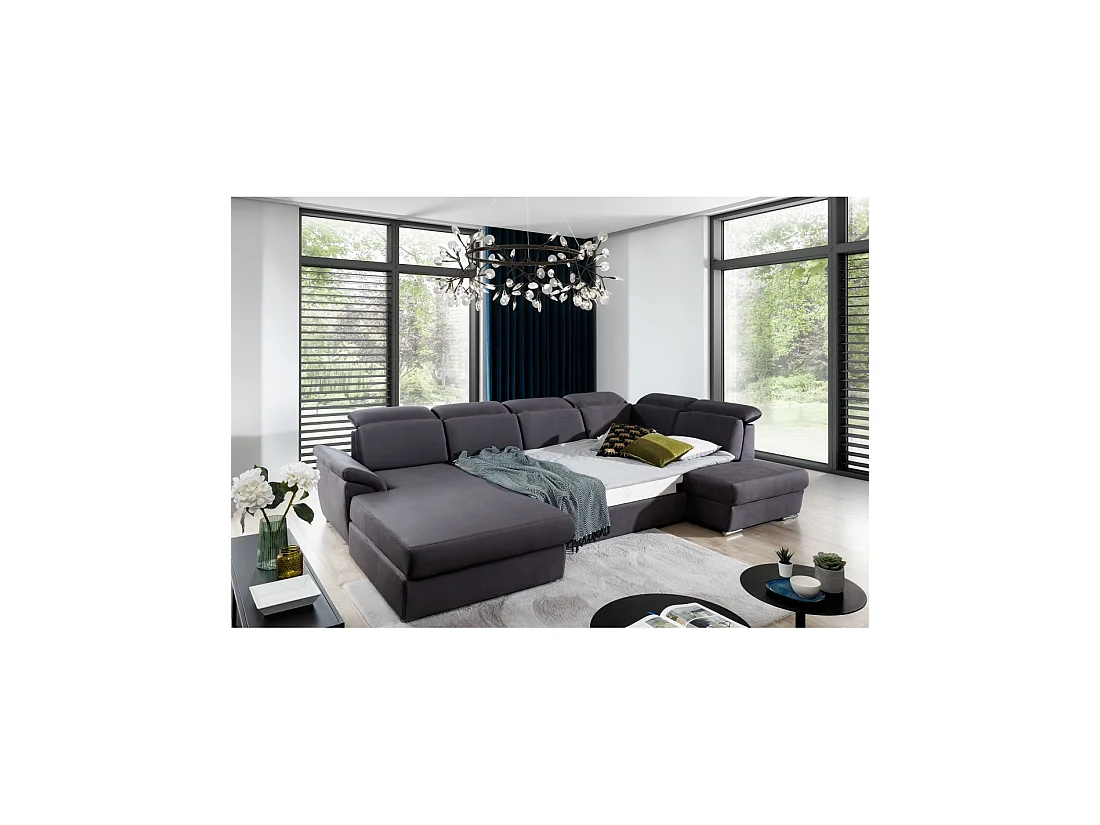 Canapé panoramique convertible MAJESTA 5 places gris – angle gauche avec coffre
