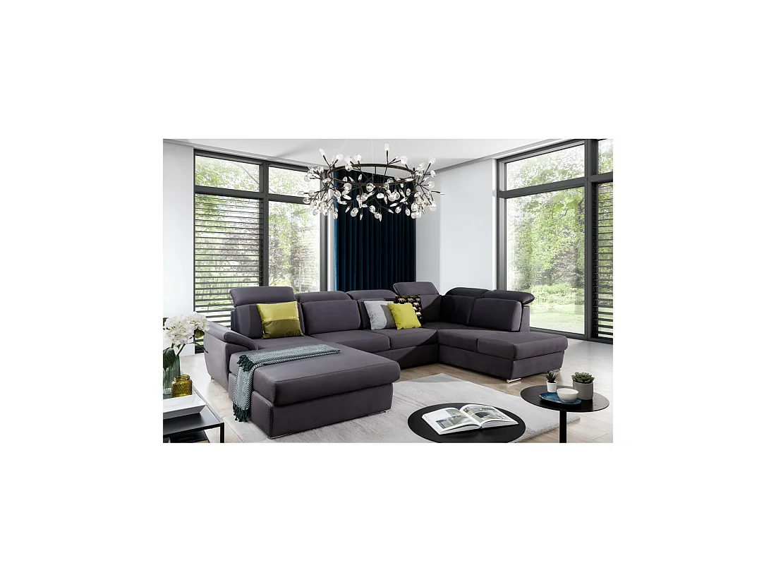 Canapé panoramique convertible MAJESTA 5 places gris – angle gauche avec coffre