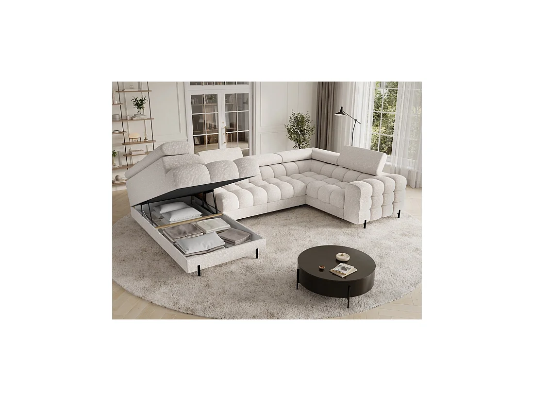Canapé panoramique convertible FACTORY 3 places beige – angle gauche avec coffre – version 5