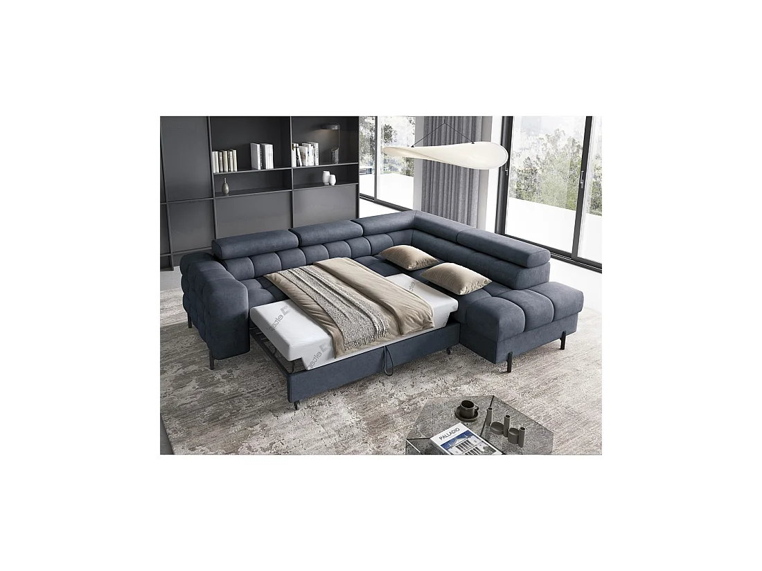 Canapé convertible Bleu foncé FERRUM 5 places angle droit grand format 276x93x200cm