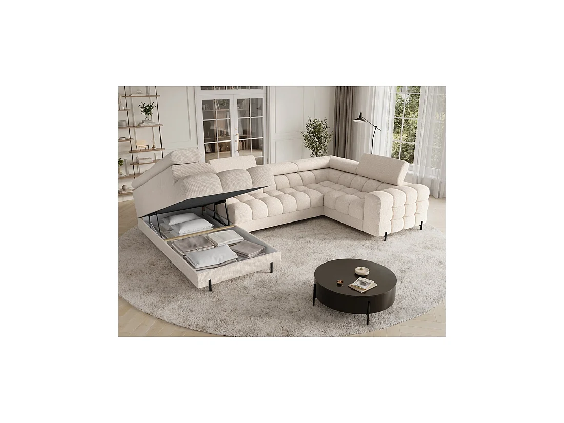 Canapé panoramique convertible FACTORY 3 places beige – angle gauche avec coffre – version 4