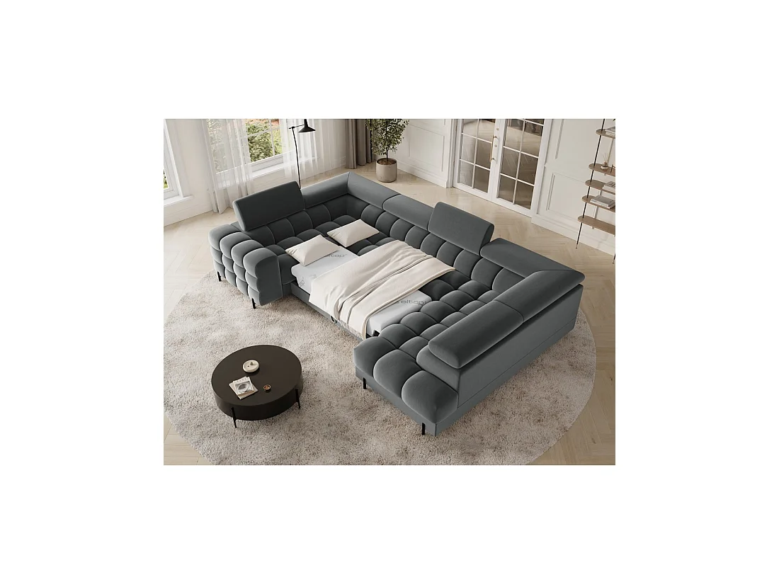 Canapé panoramique convertible FACTORY 3 places gris – angle droit avec coffre