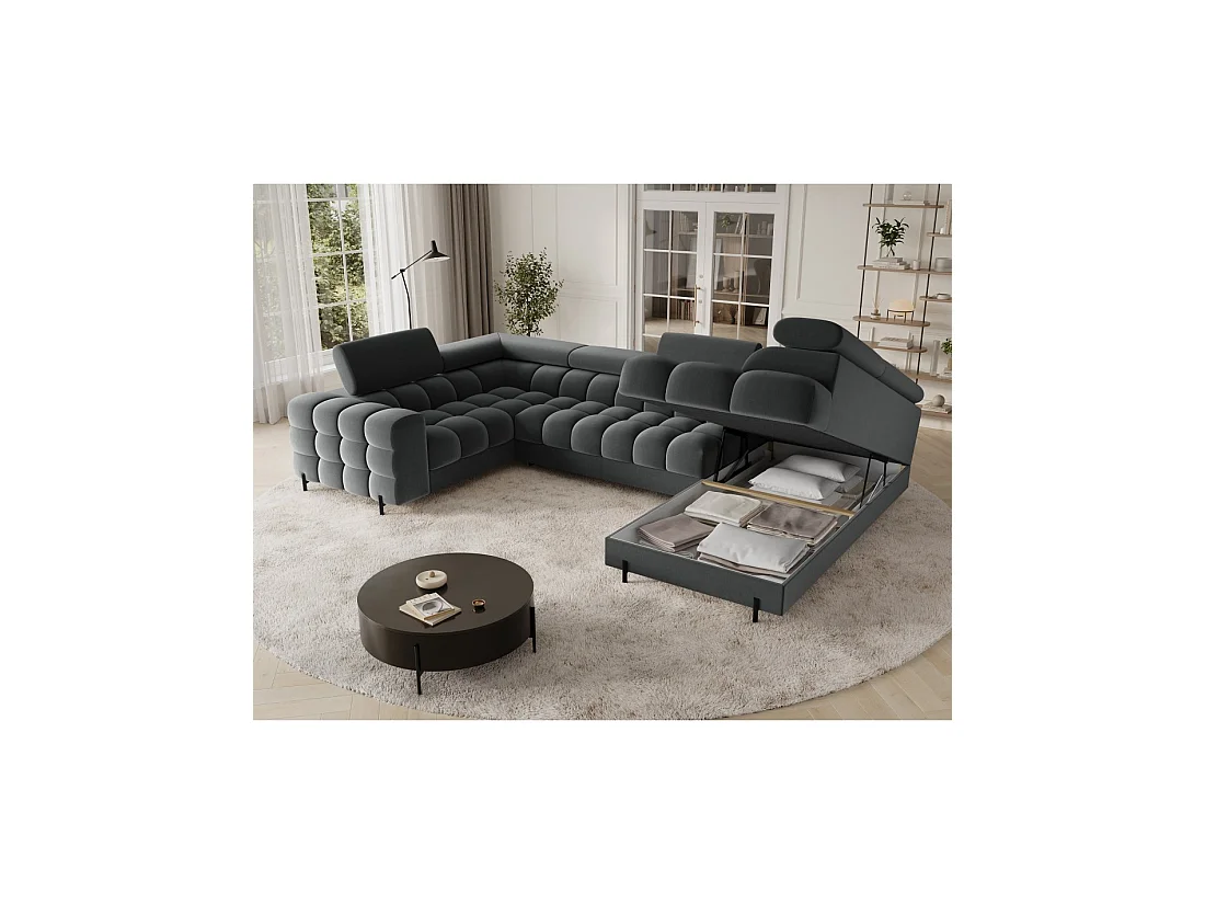 Canapé panoramique convertible FACTORY 3 places gris – angle droit avec coffre