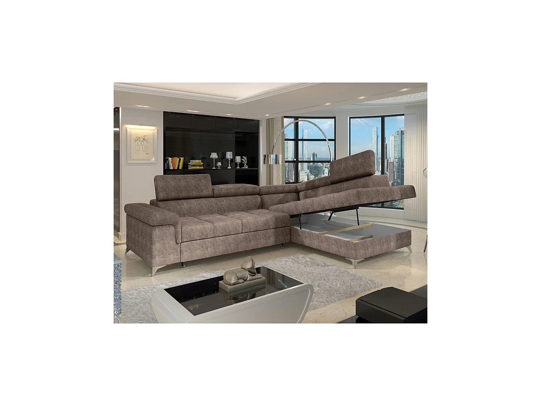 Canapé d'angle convertible PALAZZO 4 places marron – angle droit avec coffre