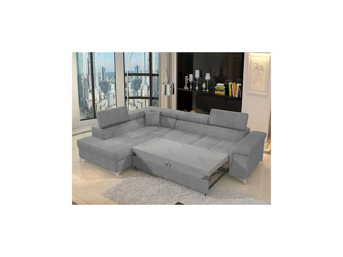Sofá de esquina convertible PALAZZO 4 plazas gris – ángulo izquierdo con baúl