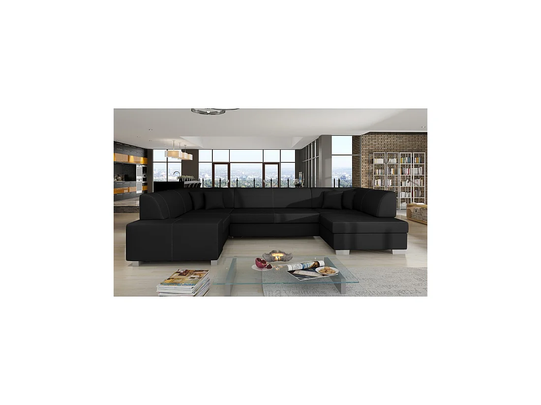 Canapé panoramique en U Noir convertible 6 places HAVANE grand format familial