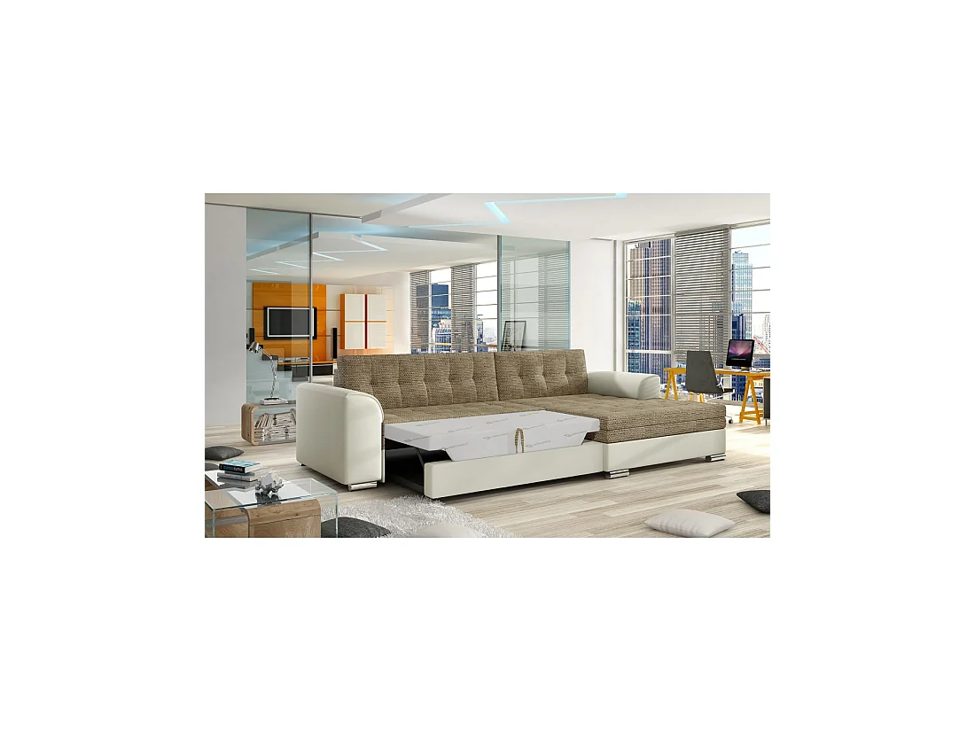 Sofá esquinero convertible CONFORTO de 4 plazas en beige y crema – ángulo derecho