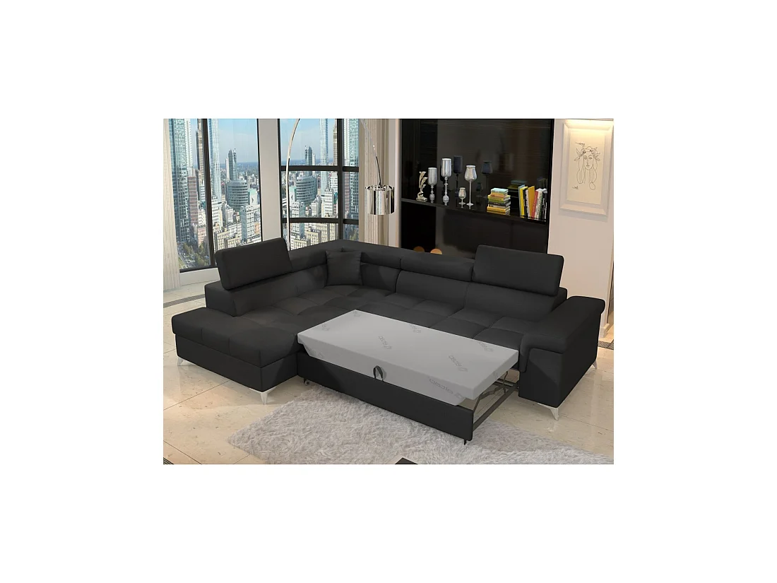 Canapé d'angle convertible PALAZZO 4 places noir – angle gauche avec 1 coussin
