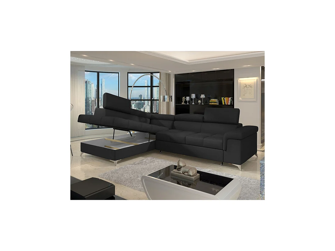 Canapé d'angle convertible PALAZZO 4 places noir – angle gauche avec 1 coussin