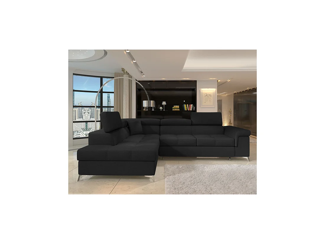 Canapé d'angle convertible PALAZZO 4 places noir – angle gauche avec 1 coussin