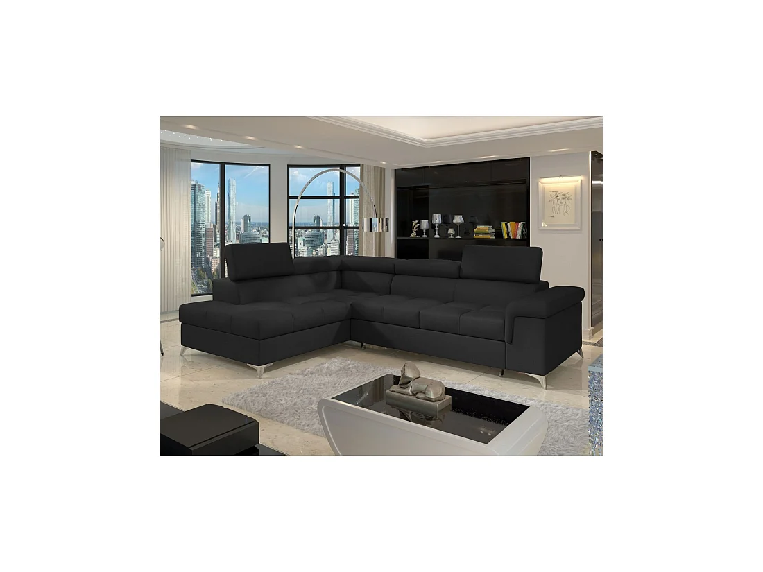 Canapé d'angle convertible PALAZZO 4 places noir – angle gauche avec 1 coussin
