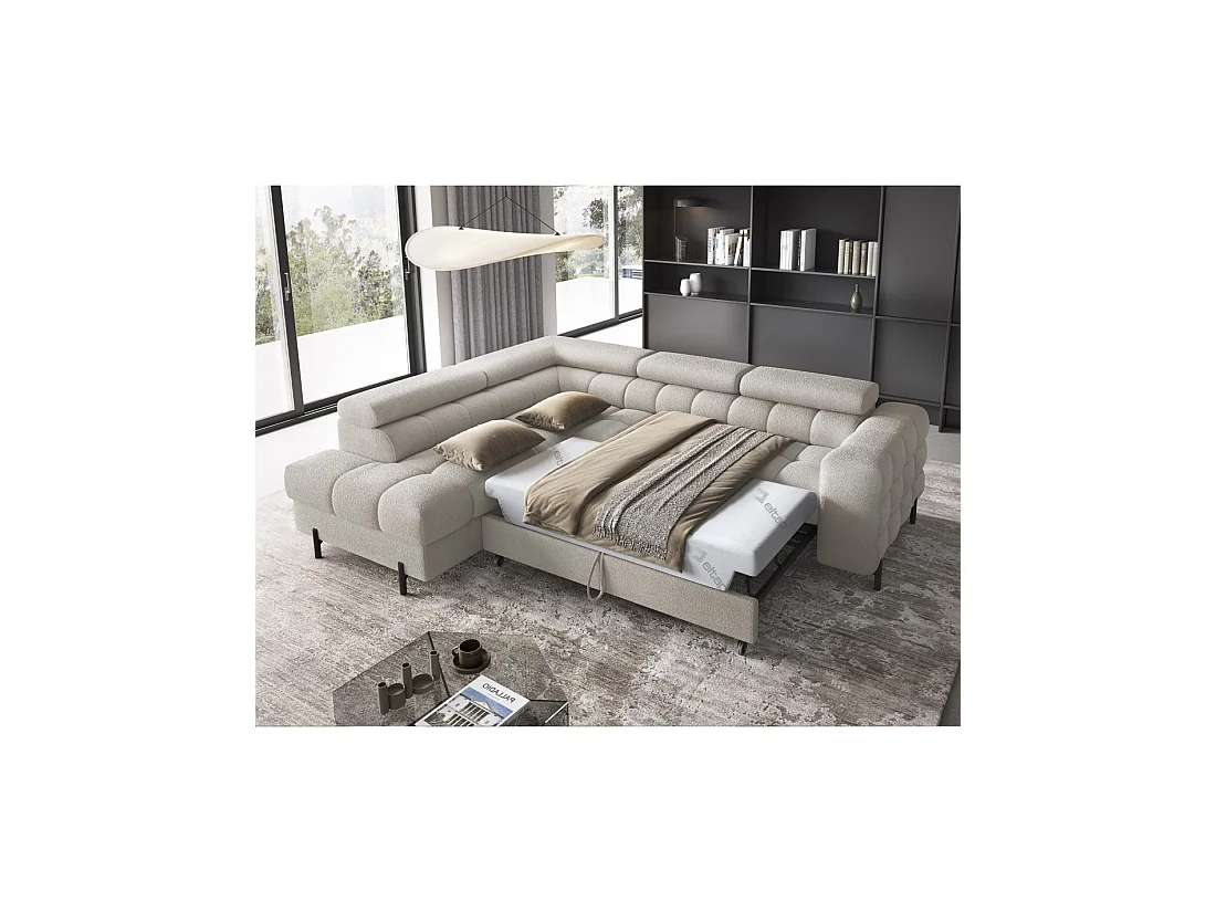 Hoekbank FERRUM Beige, omvormbaar, 5 zitplaatsen, linkse hoek met chaise longue 276x93x200cm