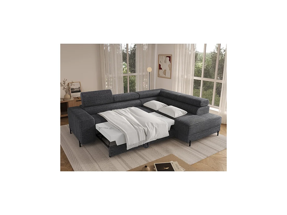 Sofá esquinero COLESIA convertible de 5 plazas en terciopelo acanalado de color marrón claro – derecho – 274x200cm